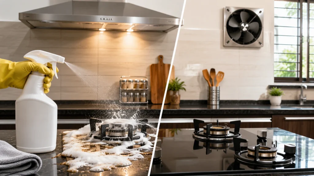 Multipurpose foam cleaner spray for kitchen stove chimney and grease removal
